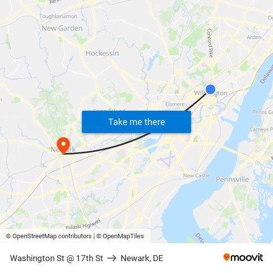Washington St @ 17th St to Newark, DE map