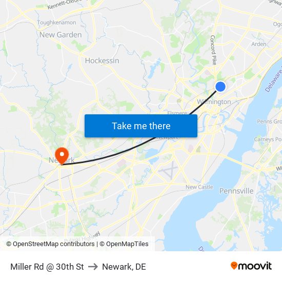 Miller Rd @ 30th St to Newark, DE map