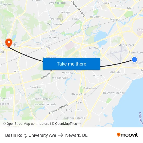 Basin Rd @ University Ave to Newark, DE map