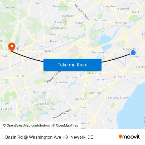 Basin Rd @ Washington Ave to Newark, DE map