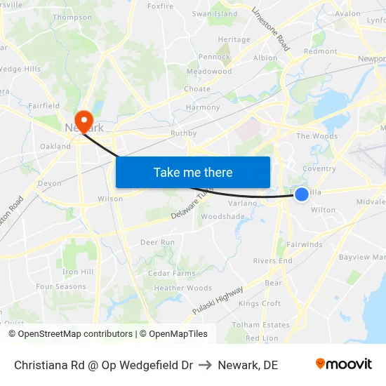 Christiana Rd @ Op Wedgefield Dr to Newark, DE map