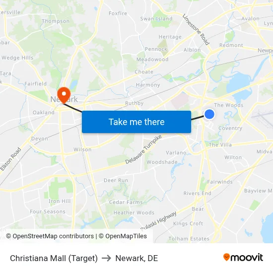 Christiana Mall (Target) to Newark, DE map
