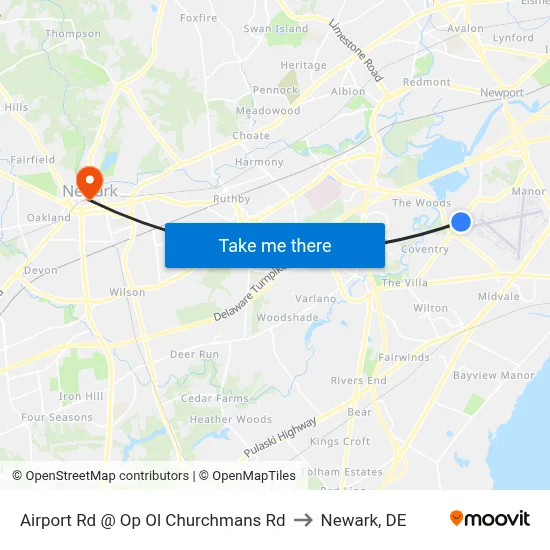 Airport Rd @ Op Ol Churchmans Rd to Newark, DE map
