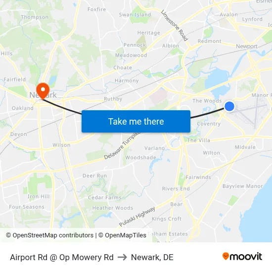 Airport Rd @ Op Mowery Rd to Newark, DE map