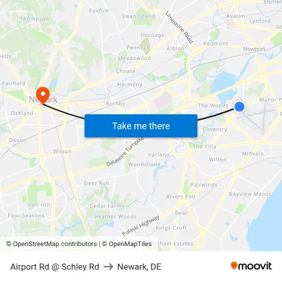 Airport Rd @ Schley Rd to Newark, DE map