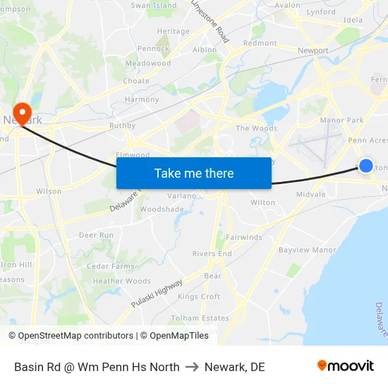 Basin Rd @ Wm Penn Hs North to Newark, DE map