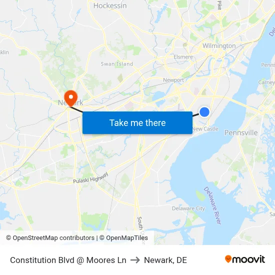 Constitution Blvd @ Moores Ln to Newark, DE map