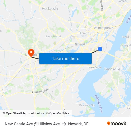 New Castle Ave @ Hillview Ave to Newark, DE map