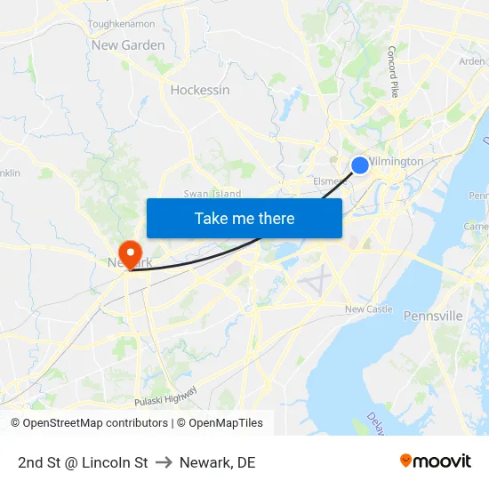 2nd St @ Lincoln St to Newark, DE map