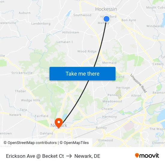 Erickson Ave @ Becket Ct to Newark, DE map