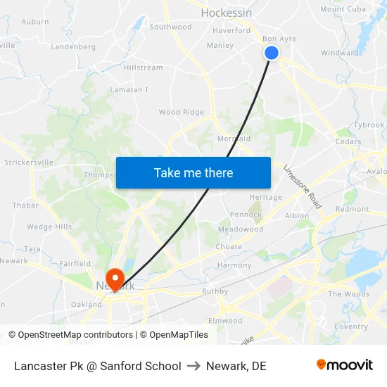 Lancaster Pk @ Sanford School to Newark, DE map