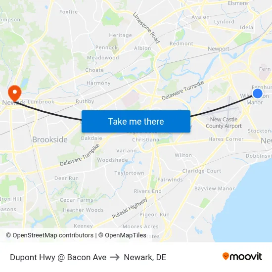 Dupont Hwy @ Bacon Ave to Newark, DE map