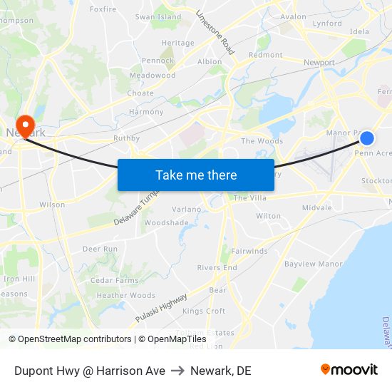 Dupont Hwy @ Harrison Ave to Newark, DE map