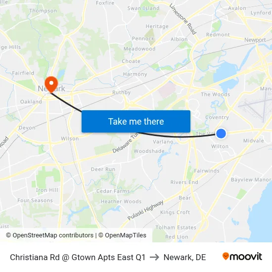 Christiana Rd @ Gtown Apts East Q1 to Newark, DE map