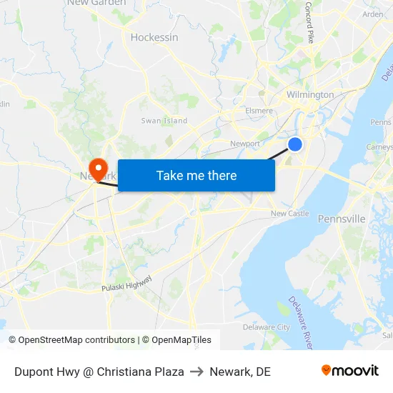 Dupont Hwy @ Christiana Plaza to Newark, DE map