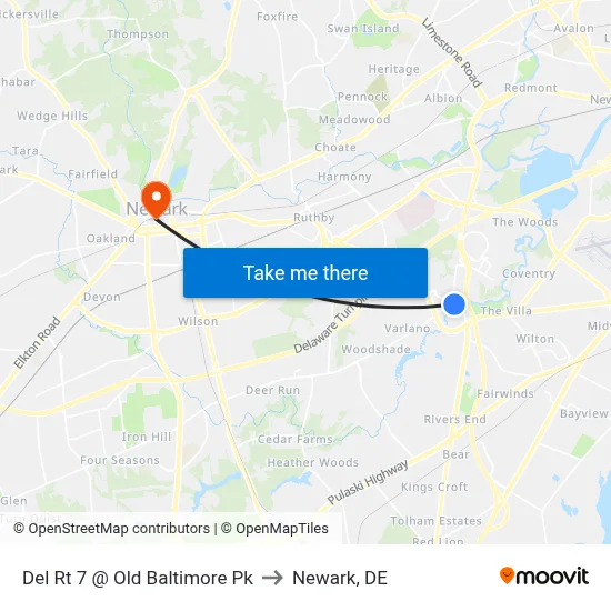 Del Rt 7 @ Old Baltimore Pk to Newark, DE map