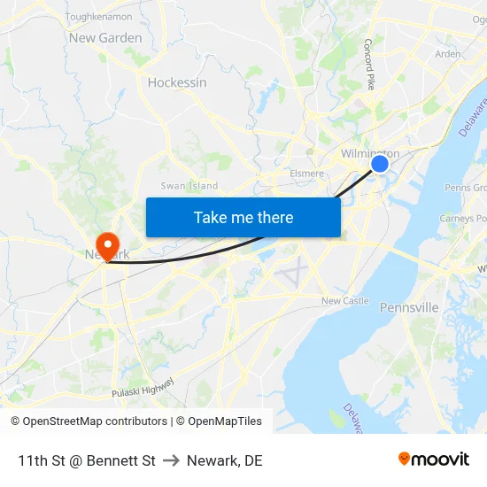 11th St @ Bennett St to Newark, DE map