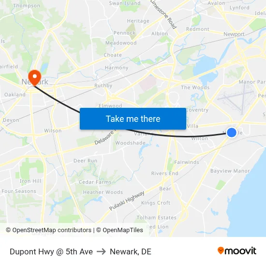 Dupont Hwy @ 5th Ave to Newark, DE map