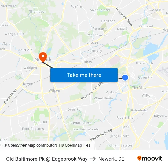 Old Baltimore Pk @ Edgebrook Way to Newark, DE map