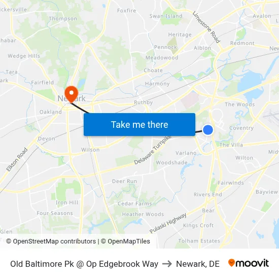 Old Baltimore Pk @ Op Edgebrook Way to Newark, DE map