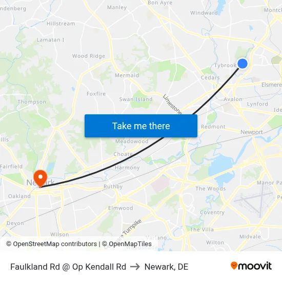 Faulkland Rd @ Op Kendall Rd to Newark, DE map