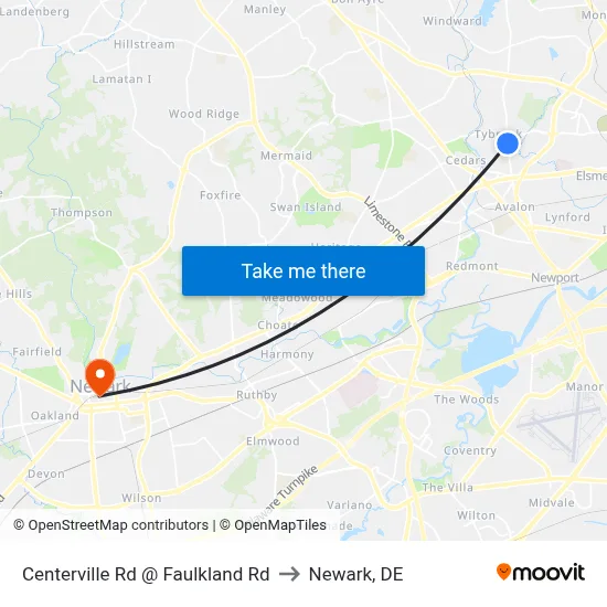 Centerville Rd @ Faulkland Rd to Newark, DE map