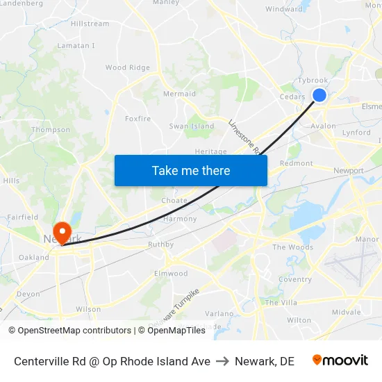 Centerville Rd @ Op Rhode Island Ave to Newark, DE map