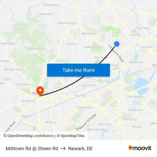 Milltown Rd @ Sheen Rd to Newark, DE map