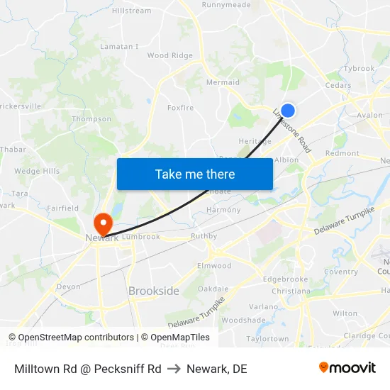 Milltown Rd @ Pecksniff Rd to Newark, DE map