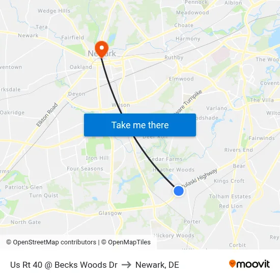 Us Rt 40 @ Becks Woods Dr to Newark, DE map