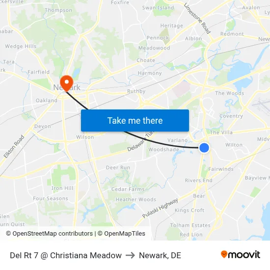 Del Rt 7 @ Christiana Meadow to Newark, DE map