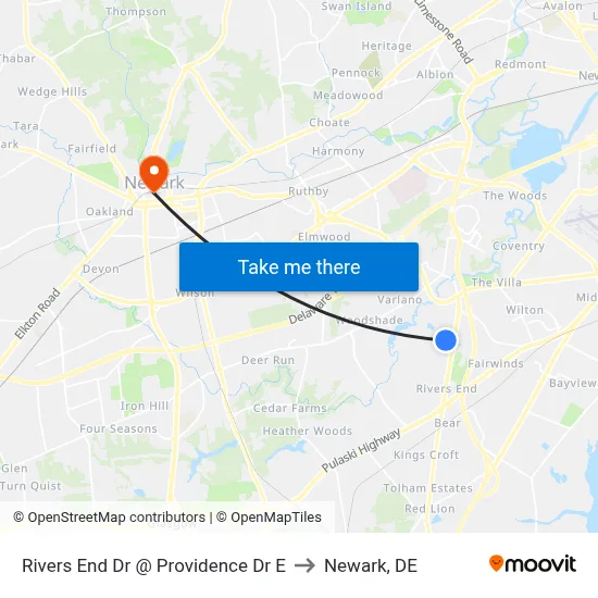 Rivers End Dr @ Providence Dr E to Newark, DE map