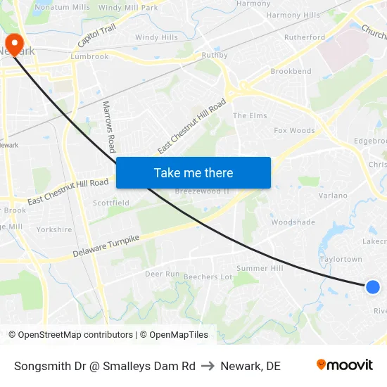 Songsmith Dr @ Smalleys Dam Rd to Newark, DE map