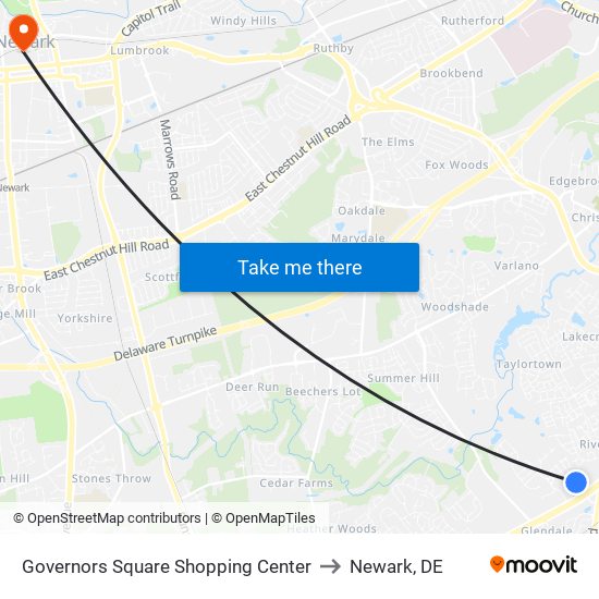 Governors Square Shopping Center to Newark, DE map