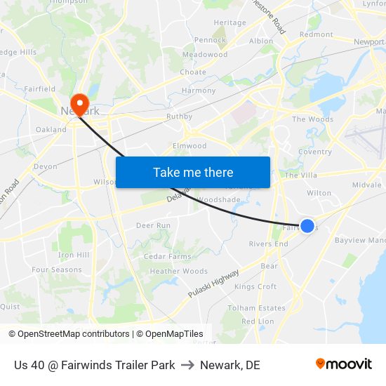 Us 40 @ Fairwinds Trailer Park to Newark, DE map