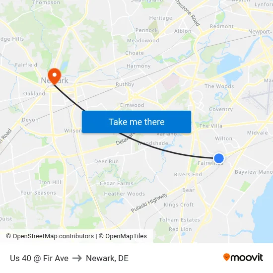 Us 40 @ Fir Ave to Newark, DE map