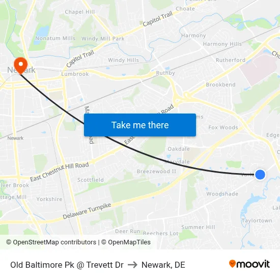 Old Baltimore Pk @ Trevett Dr to Newark, DE map