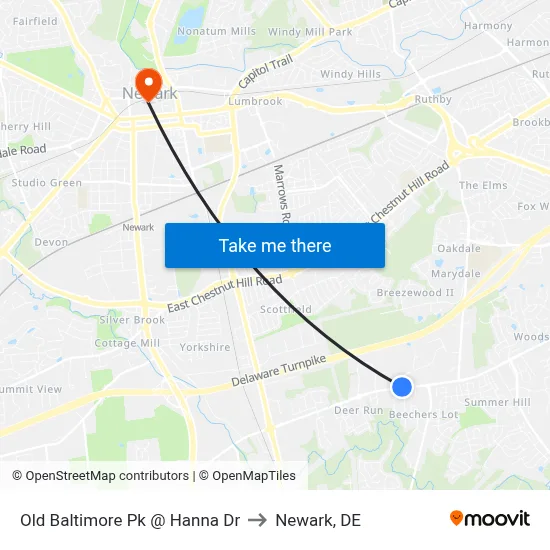 Old Baltimore Pk @ Hanna Dr to Newark, DE map