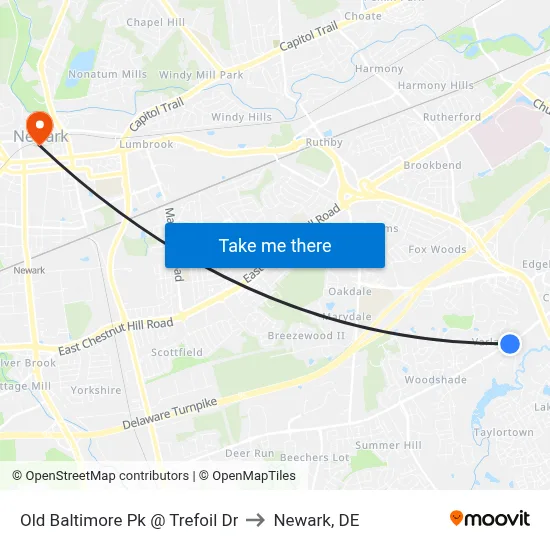 Old Baltimore Pk @ Trefoil Dr to Newark, DE map