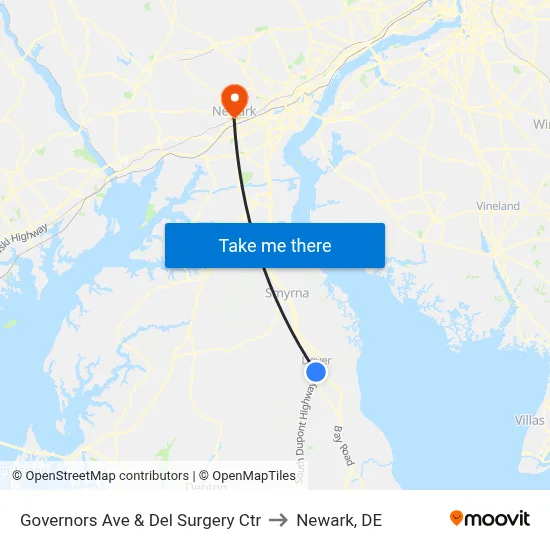 Governors Ave & Del Surgery Ctr to Newark, DE map