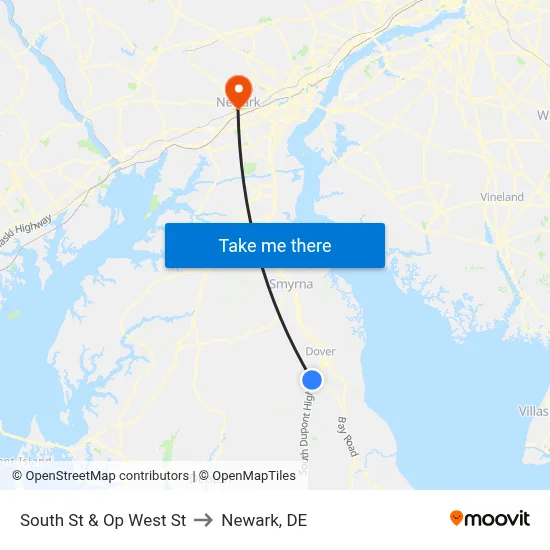 South St & Op West St to Newark, DE map