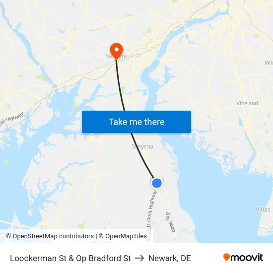 Loockerman St & Op Bradford St to Newark, DE map