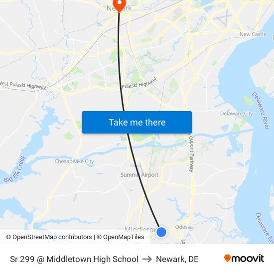 Sr 299 @ Middletown High School to Newark, DE map