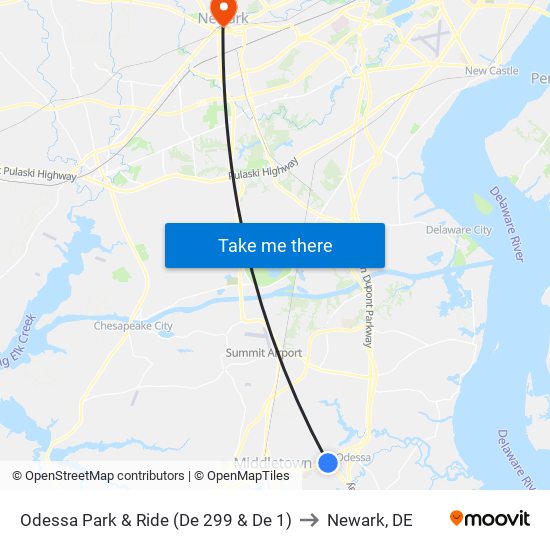 Odessa Park & Ride (De 299 & De 1) to Newark, DE map