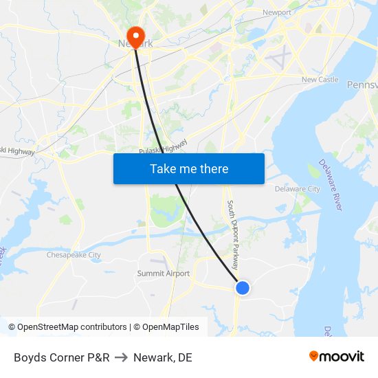 Boyds Corner P&R to Newark, DE map