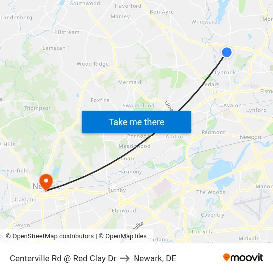 Centerville Rd @ Red Clay Dr to Newark, DE map