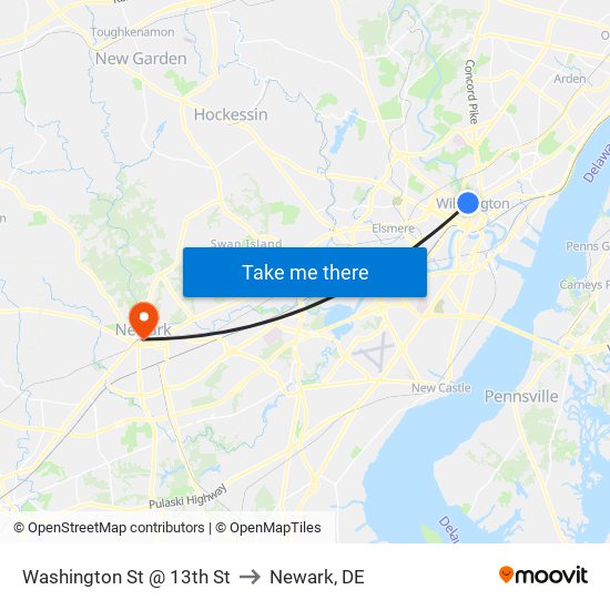 Washington St @ 13th St to Newark, DE map