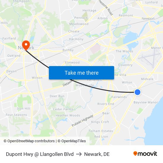 Dupont Hwy @ Llangollen Blvd to Newark, DE map