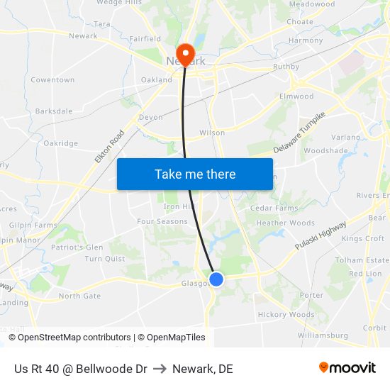 Us Rt 40 @ Bellwoode Dr to Newark, DE map