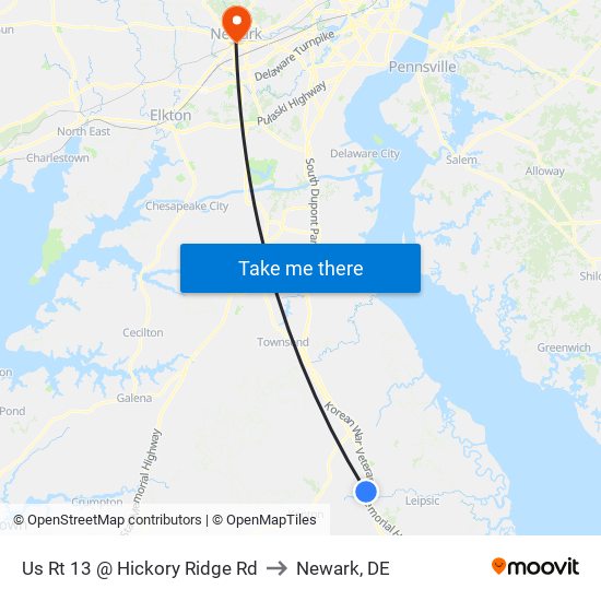 Us Rt 13 @ Hickory Ridge Rd to Newark, DE map